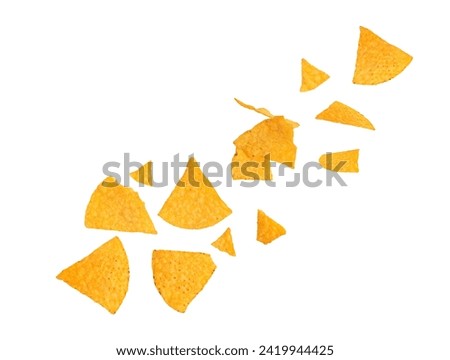 Corn chips nachos. Falling nachos chips corn chips isolated on white background with clipping path. mexican nachos chips