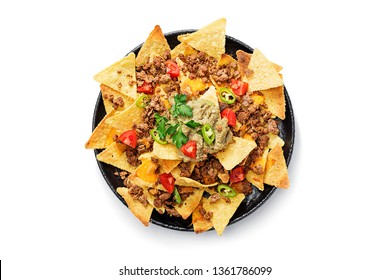 Corn chips nachos with fried minced meat and guacamole isolated on white background.