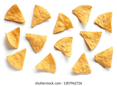 Corn Chips Nachos Isolated On White Background, Top View