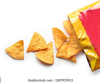 Corn Chips Nachos Isolated On White Background, Top View