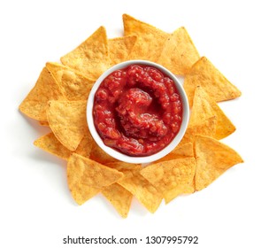 Corn Chips Nachos And Salsa Sauce Isolated On White Background, Top View