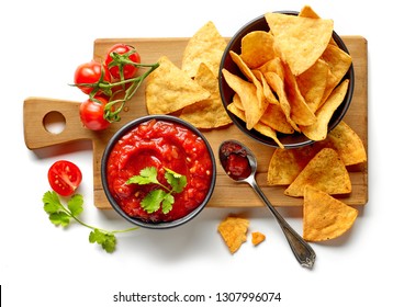 Corn Chips Nachos And Salsa Sauce Isolated On White Background, Top View