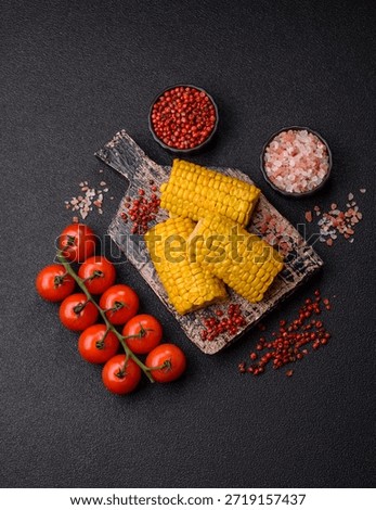 Corn cob cooked in chunks, vegetables, healthy vegetarian food. Boiled corn as a food background for your design