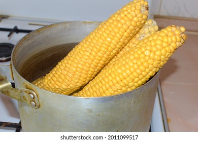 Corn Cobs Are Cooked In An Old Saucepan