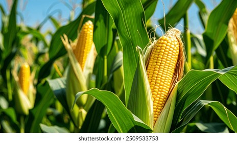 Corn cobs in corn farming fields during the harvest season can be used for roasted corn or staple food - Powered by Shutterstock