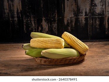 corn cobs and husked corn in a basket  in a rustic set