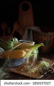 Corn Cobs In Vintage Copper Plate On The Wooden Table In A Farm Moody Kitchen