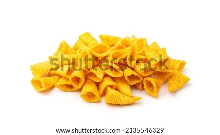 Corn cone pile isolated. Bugles chips, puffs with spices, crunchy puffed snacks, salty corn cones