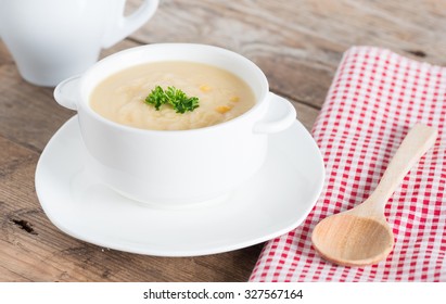 Corn Cream Soup In White Bowl.