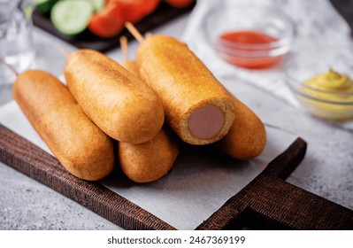 Corn dog. Asian hot dog with sauces. Street food. toning - Powered by Shutterstock