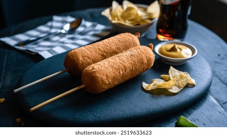 Corn Dogs: Golden, crispy cornmeal batter encasing hot dogs, served on a stick for easy enjoyment. Accompanied by a side of mustard and ketchup for dipping. - Powered by Shutterstock