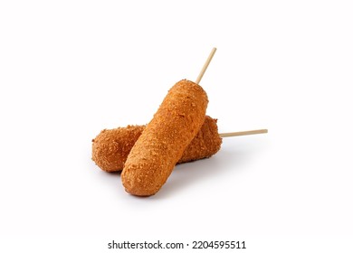 Corn Dogs Isolated On White Background With Clipping Path. Traditional American Street Food. Fried Sausages On A Sticks. Сorn Dog, Corndog.