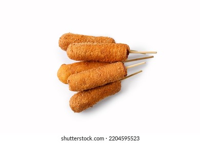 Corn Dogs Isolated On A White Background. Traditional American Street Food. Fried Sausages On A Sticks. Сorn Dog, Corndog.