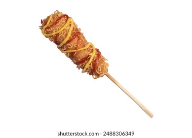 Corn dogs with mayonnaise and hot chili sauce, white background - Powered by Shutterstock