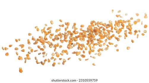 Corn dried seed grain fly in mid air. Yellow Golden corn seed falling scatter, explosion float in shape form line group. White background isolated freeze motion high speed shutter - Powered by Shutterstock