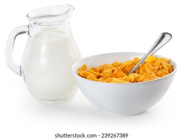 Corn Flakes In A Bowl And Milk Jug