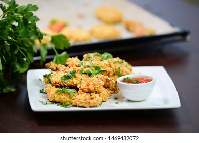 Corn Flakes Breaded Deep Fried Chicken Breast Sticks On White Plate