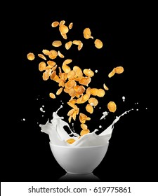 Corn Flakes Dropping Into Bowl Causing Milk Splash