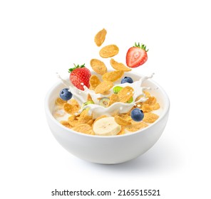 Corn flakes with fresh milk splash and fruits isolated on white background. - Powered by Shutterstock