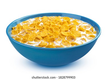 Corn Flakes With Milk, Blue Bowl Of Healthy Cereal Breakfast Isolated On White Background