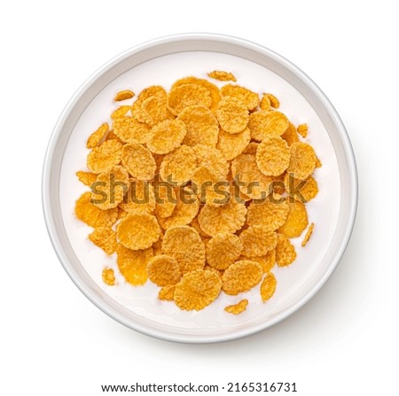 Corn flakes with milk isolated on white background, top view