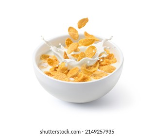 Corn flakes with milk splash in white bowl isolated on white background. - Shutterstock ID 2149257935