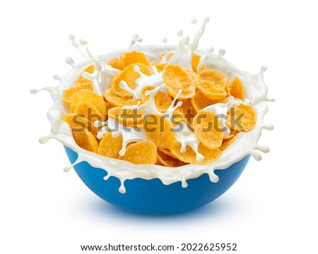 Corn flakes with milk splashes isolated on white background with clipping path