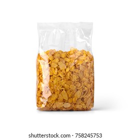 Corn flakes in transparent plastic bag isolated on white background. Packaging template mockup collection. With clipping Path included. Stand-up Front view.