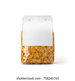 Corn flakes in transparent plastic bag with white label isolated on white background. Packaging template mockup collection. With clipping Path included. Stand-up Front view.