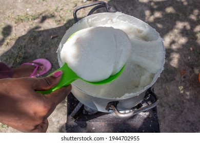 Corn Or Maize Flour Pap, A Staple Food In Many Countries In Africa Being Served In A Round Scoop