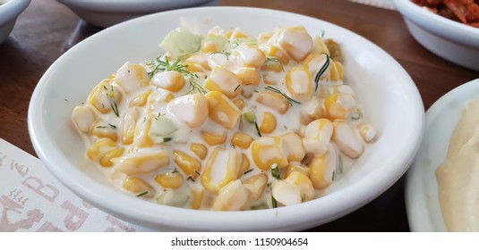 Corn In Mayonnaise Salad In White Bowl Restaurant Starters Mezze Tapas Appetizer 