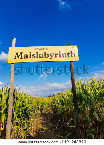 Corn Maze is a maze cut from a corn field. Maize labyrinths are popular with tourists and children. Entrance sign in front of blue sky with lettering in german - entrance Maislabyrinth