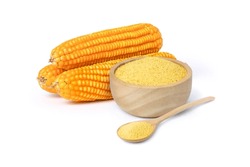 Corn Meal Polenta In Wooden Bowl And Dry Corn Cobs Isolated On White Background.