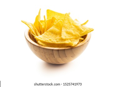 Corn Nacho Chips. Yellow Tortilla Chips In Wooden Bowl Isolated On White Background.