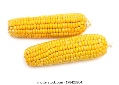 Corn On The Cob Isolated On White Background. Top View - Horizontal Photo.