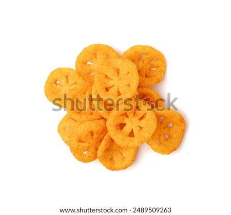 Corn puff snack isolated, crunchy cereal nosh pile, crispy yellow rice breakfast with paprika, corn puff snack heap on white background