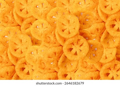 Corn puff snack pattern, crunchy cereal nosh pile, crispy yellow rice breakfast with paprika, corn puff snack heap textured background