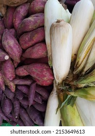 Corn And Red Yams Displayed In A Market In Indonesia.