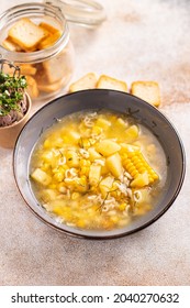 Corn Soup Vegetarian First Course Vegetable Potatoes, Pasta Alphabet, Veggie Broth No Meat Fresh Portion Meal Snack On The Table Copy Space Food Background Rustic Vegan 