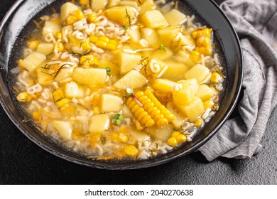 Corn Soup Vegetarian First Course Vegetable Potatoes, Pasta Alphabet, Veggie Broth No Meat Fresh Portion Meal Snack On The Table Copy Space Food Background Rustic Vegan 