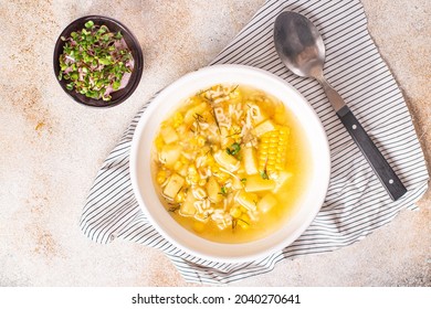 Corn Soup Vegetarian First Course Vegetable Potatoes, Pasta Alphabet, Veggie Broth No Meat Fresh Portion Meal Snack On The Table Copy Space Food Background Rustic Vegan 