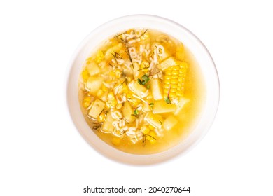 Corn Soup Vegetarian First Course Vegetable Potatoes, Pasta Alphabet, Veggie Broth No Meat Fresh Portion Meal Snack On The Table Copy Space Food Background Rustic Vegan 