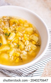 Corn Soup Vegetarian First Course Vegetable Potatoes, Pasta Alphabet, Veggie Broth No Meat Fresh Portion Meal Snack On The Table Copy Space Food Background Rustic Vegan 