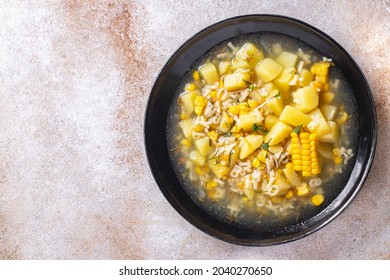 Corn Soup Vegetarian First Course Vegetable Potatoes, Pasta Alphabet, Veggie Broth No Meat Fresh Portion Meal Snack On The Table Copy Space Food Background Rustic Vegan 