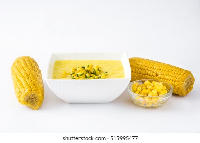 Corn Soup In White Bowl Isolated On White Background
