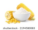 Corn starch with fresh corn seeds isolated on white background.