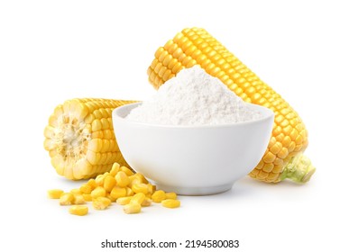 Corn Starch With Fresh Corn Seeds Isolated On White Background.