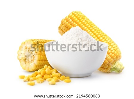 Corn starch with fresh corn seeds isolated on white background.