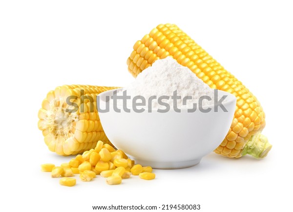 Corn starch with fresh corn seeds isolated on\
white background.