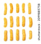 Corn sticks set isolated. Cheese puffs with spices, crunchy single snacks collection, salty corn sticks top view